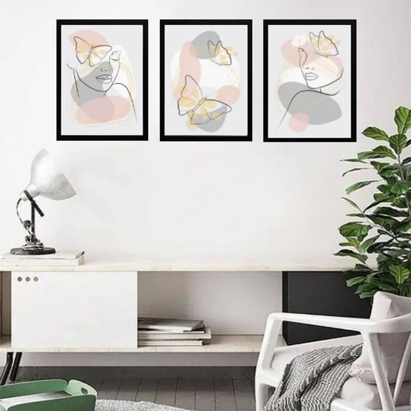 Kit 3 Quadros Borboletas Abstratas Rosa E Cinza 33x24cm