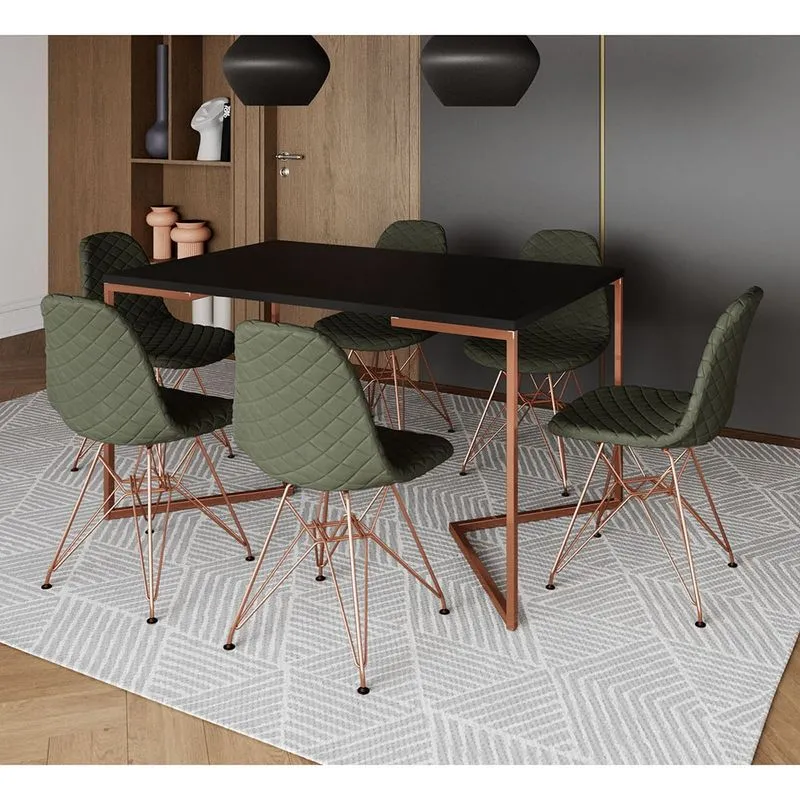 Mesa Jantar Industrial Preta Base V Cobre 137x90cm c/ 6 Cadeiras Estofadas Verdes Eames Cobre