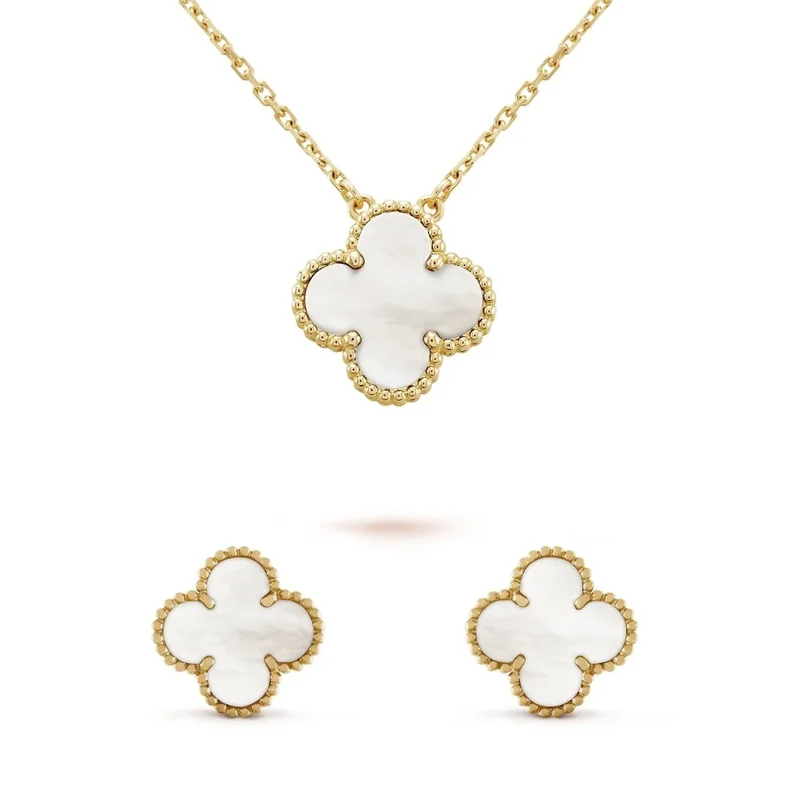 Conjunto Glamorous Brinco e Colar Trevo 1 Motivo Lenogue Madrepérola