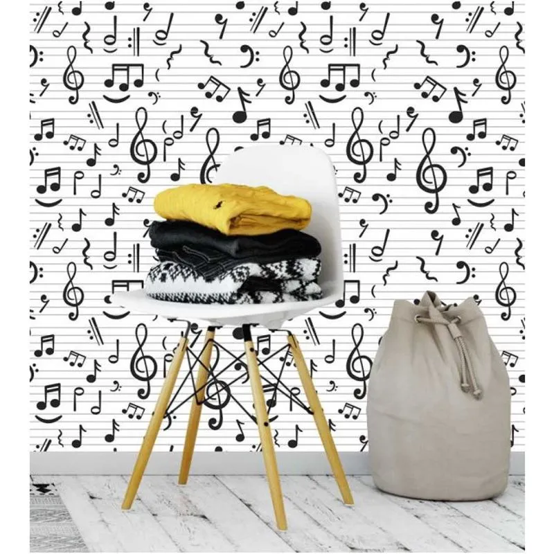 Papel De Parede adesivo Vinílico contact folha caderno notas musicas preto e branco