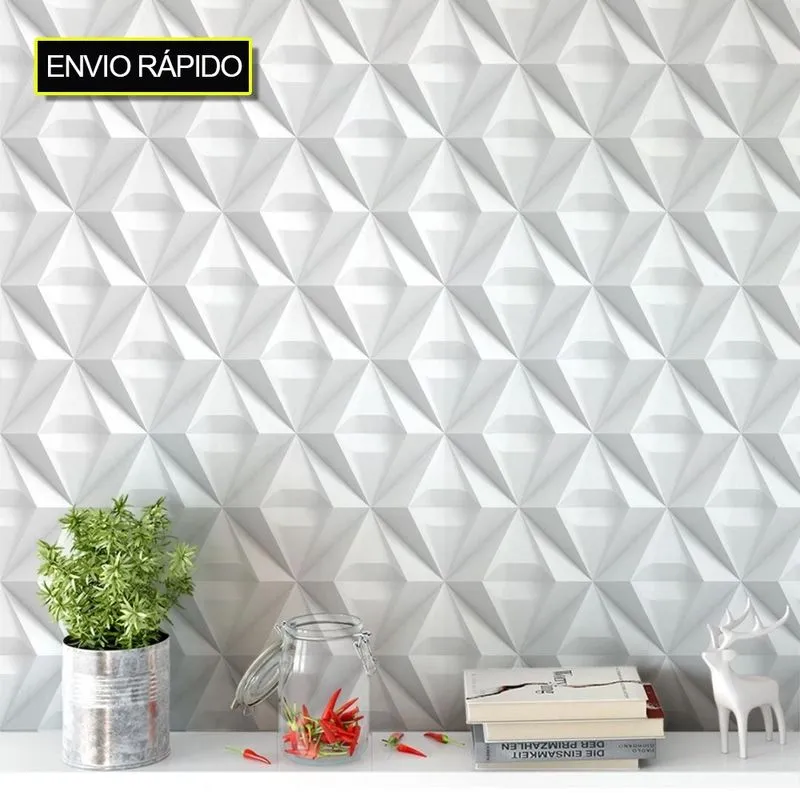 Papel De Parede Imita 3d Adesivo Vinílico Lavável Triangulo Branco E Cinza - 10 metros