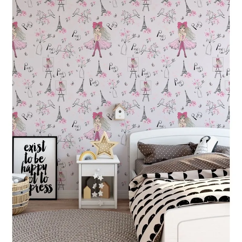 Papel De Parede Infantil Paris Fundo Rosa claro Flores E torre Eiffel + Kit Aplicação Completo