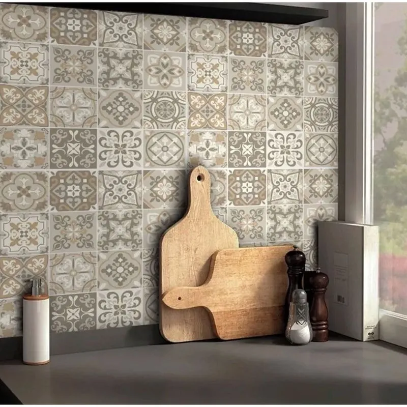 Papel De Parede Lavável Azulejo cozinha Tons De Bege Esverdeado
