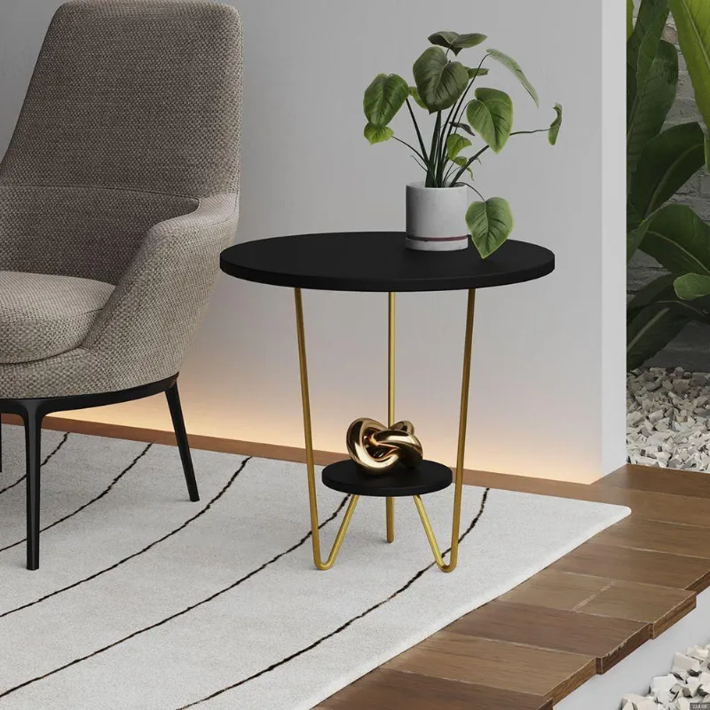 Mesa Lateral Redonda Industrial Italy Ferro Dourado E Tampo Preto