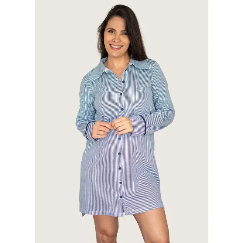 Camisola Chemise Manga Longa Algodão – Marinho Listrado