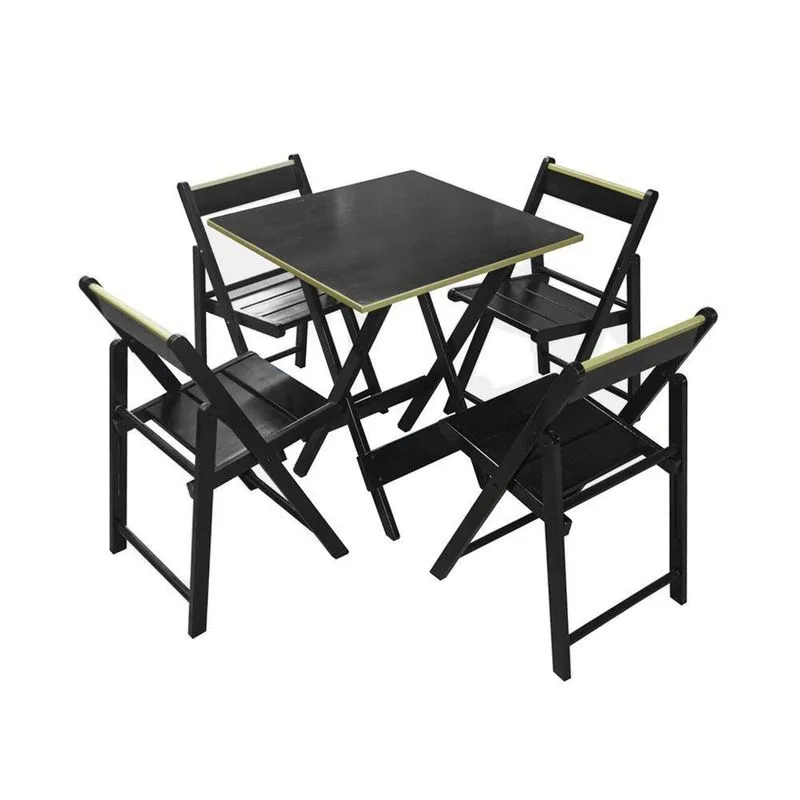 Jogo De Mesa Dobravel 70X70 Em Madeira Robusta Com 4 Cadeiras Top Black - Preto