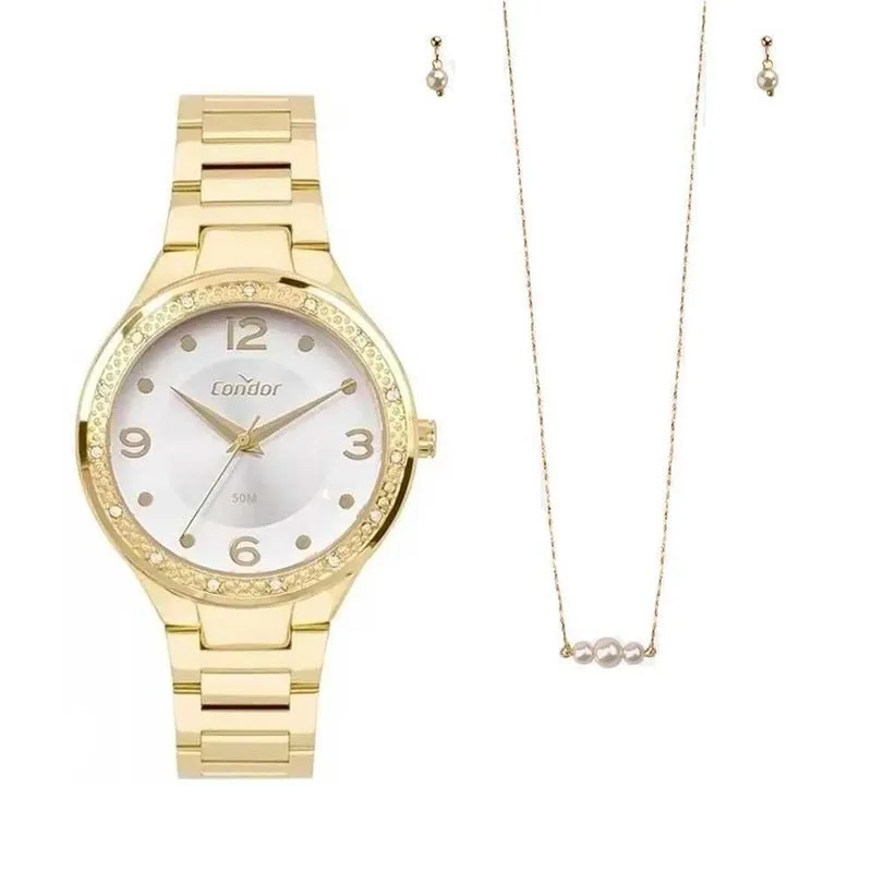 Kit Relógio Feminino Condor + Colar E Brincos - Dourado