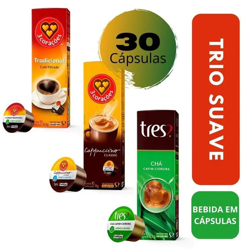 30 Capsulas Tres Corações Tradicional + Classic + Cidreira