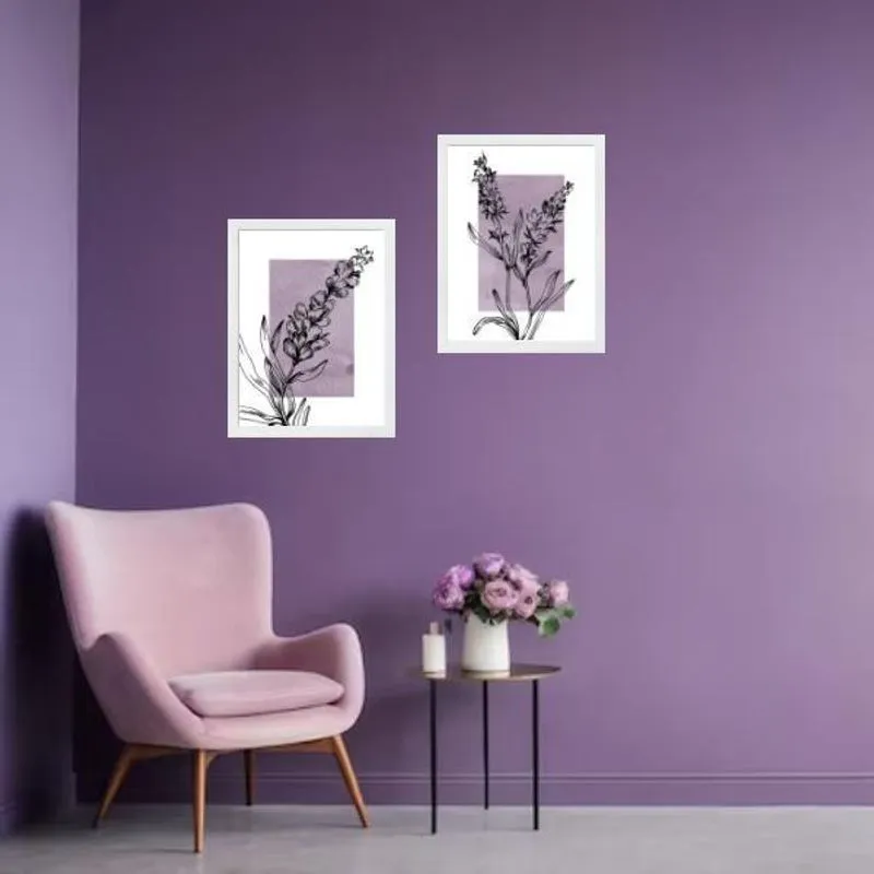 Kit 2 Quadros Modernos Lavanda - Planta 45X34Cm - Com Vidro