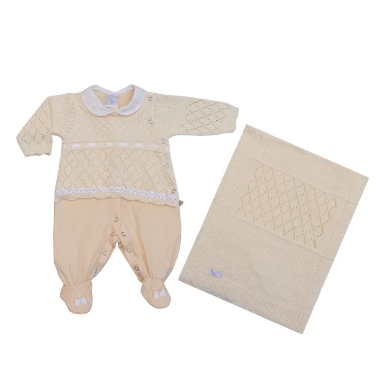 Kit Maternidade Para Bebê Tricot Manta E Macacão Luiza-amarelo-recem Nascido