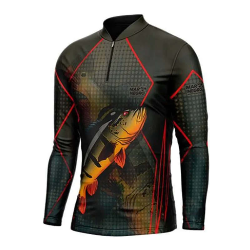Camiseta Pesca Combat Mar Negro Masculina Uv50+ Secagem Rápida Tucunaré Açu