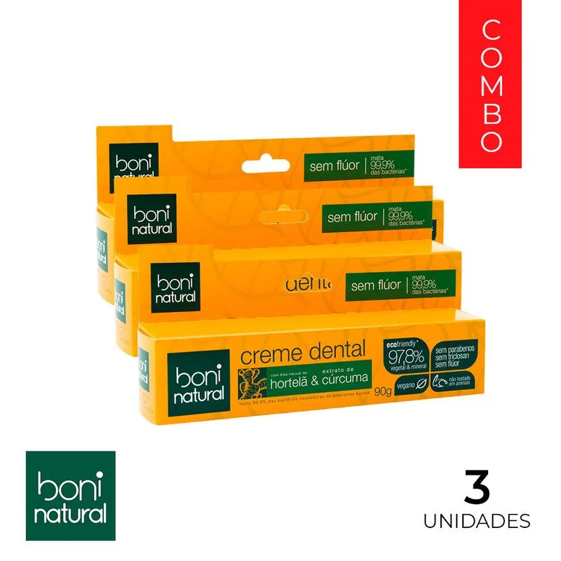 Combo 3 Cremes Dentais Sem Flúor Vegano E Natural De Hortelã & Cúrcuma 90gr - Boni Natural