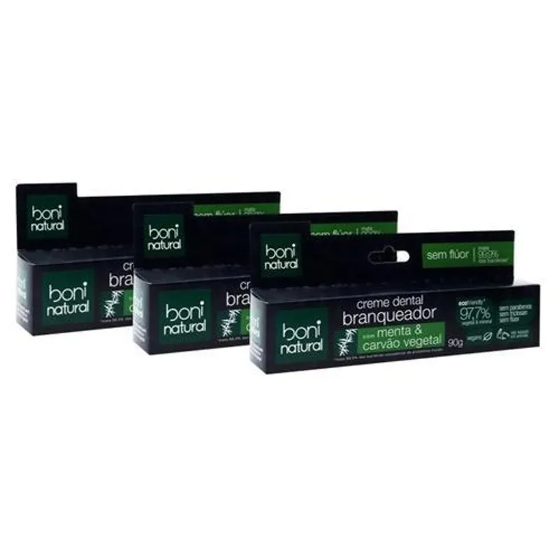 Kit 3 Creme Dental Clareador Boni Natural Carvão Vegetal 90g