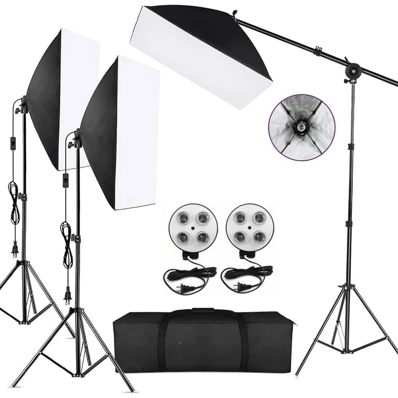 Kit Iluminação para Estúdio com Softboxes, Girafa e Tripés de Iluminação (Sem Lâmpada)