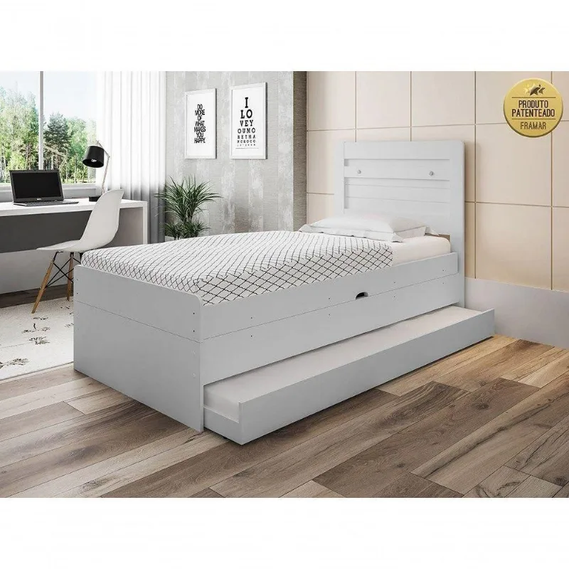 Cama Solteiro Larissa Dani com Cama Auxiliar e Baú em MDF e Ripas Pinus Branco