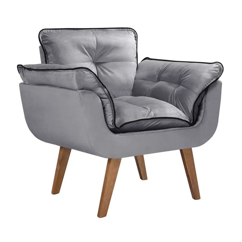 Poltrona Estofada Opalla Suede Veludo Light Madeira Maciça Cinza