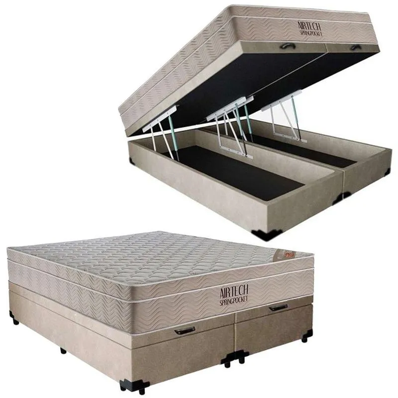 Cama Box Baú Casal Suede Bipartido + Colchão Ortobom Airtech Molas Ensacadas 65x138x188 Bege