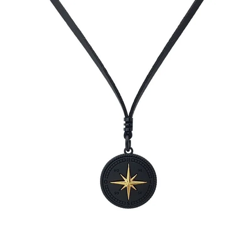 Colar Masculino De Couro Bússola Preto Ajustável