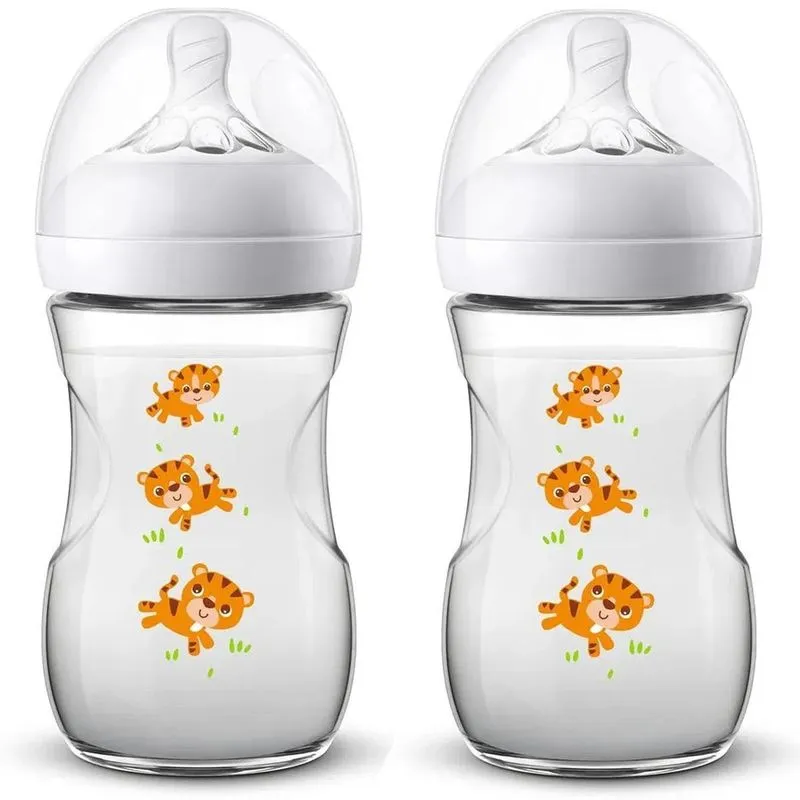 Kit 2 Mamadeiras Bebê 260ml +1m + Bicos Pétala Tigre Avent