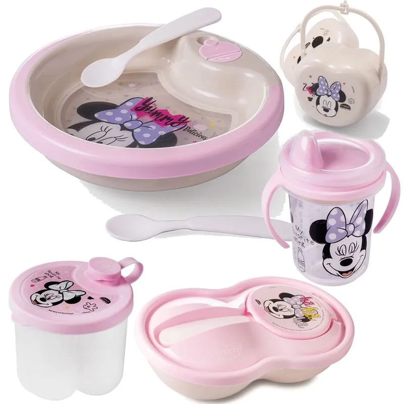 Kit Minnie Prato Térmico Dosador Pote Papinha Caneca Trio Porta Chupeta