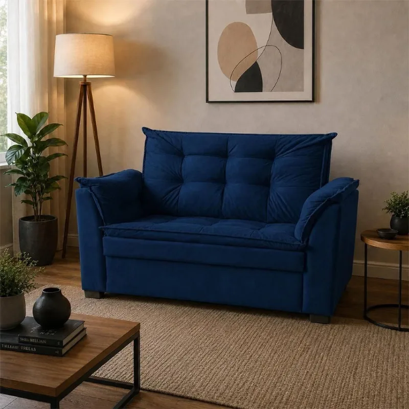 Sofá Alice 2 Lugares Fixo Suede Premium Azul Marinho Império Decor 140CM