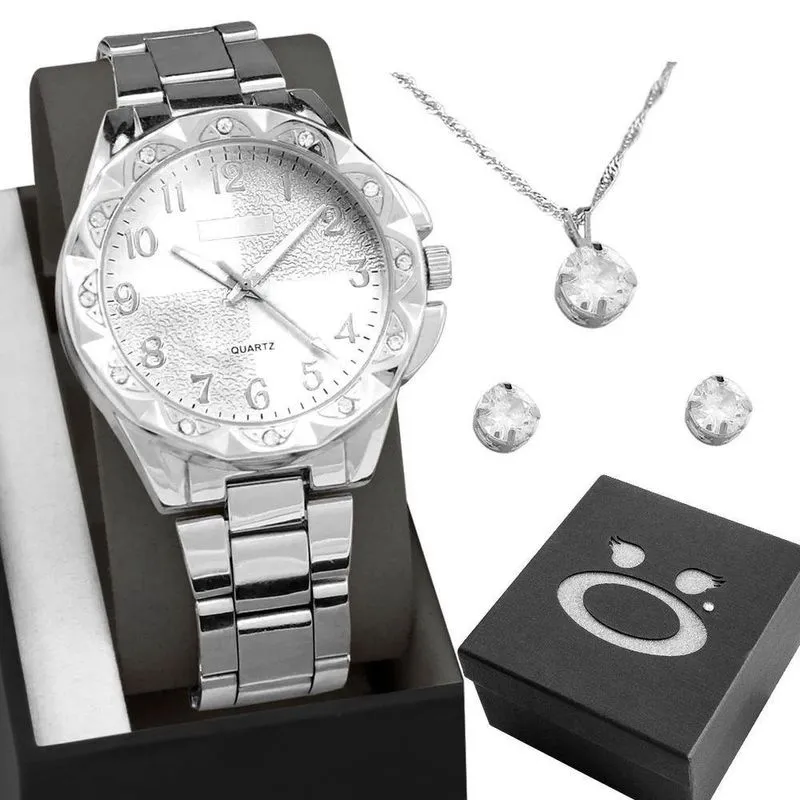 Brincos Strass Colar + Caixa + Relogio Prata Feminino Aço Inoxidável Social Casual Original Ponteiro