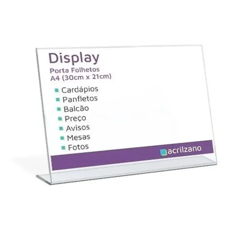 Display L A4 Porta Folha Balcão Mesa Horizontal Acrílico