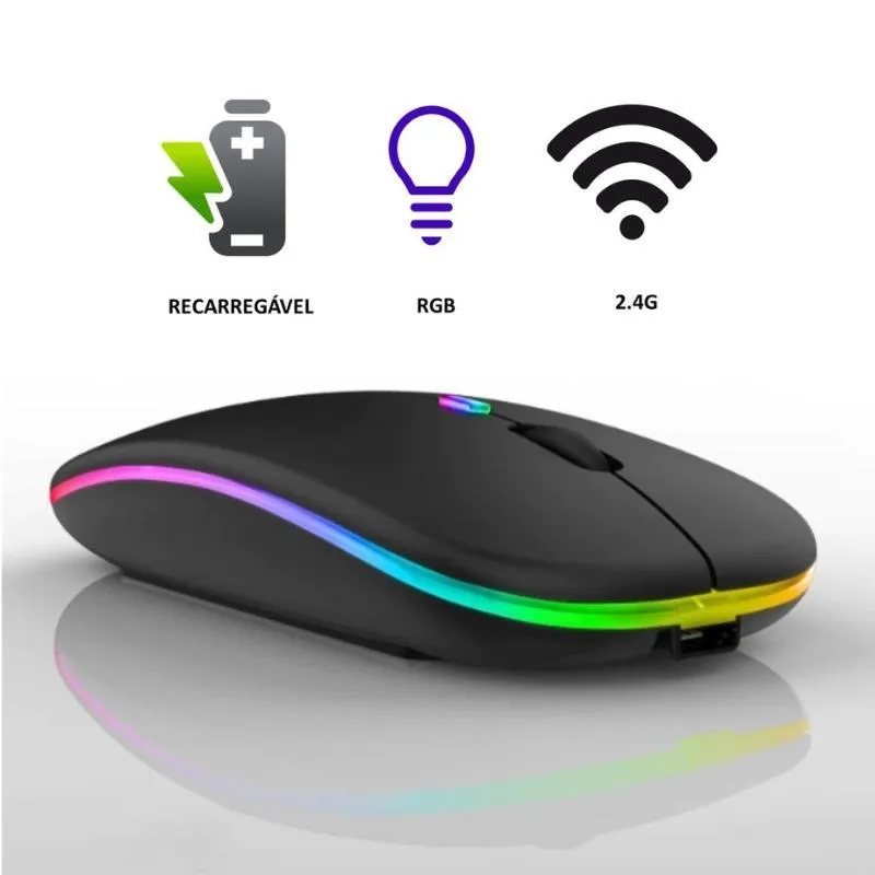 Mouse Sem Fio Recarregável Led Carregador Usb