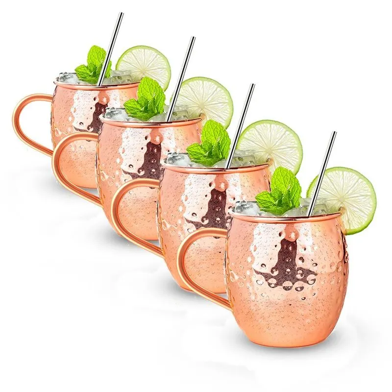 Kit 4 Canecas Moscow Mule 500ml Cobre + 4 Canudo Inox