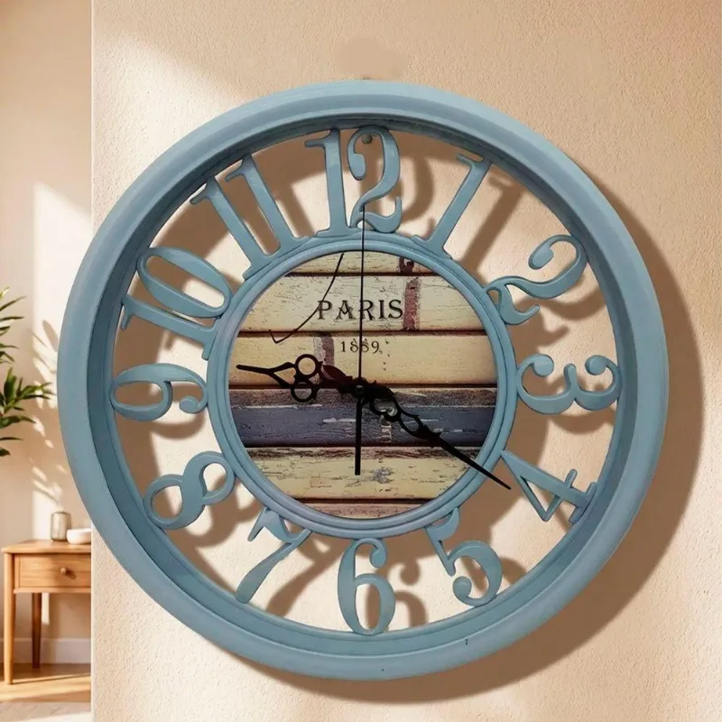 Relógio De Parede Paris 1889 Vazado Redondo Decorativo Retrô Vintage Azul 45cm