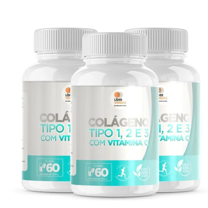 Colágeno Tipo 1,2,3 Com Vitamina C 500mg 60 Cápsulas Kit Com 3 Potes