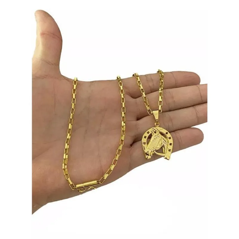 Cordão Tijolinho 3Mm + Pingente Ferradura Banhado A Ouro 18K