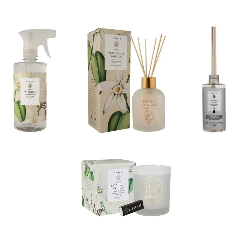 Kit Difusor + Refil + Vela + Água Perfumada Patchouli Vanilla Arabesc Lenvie