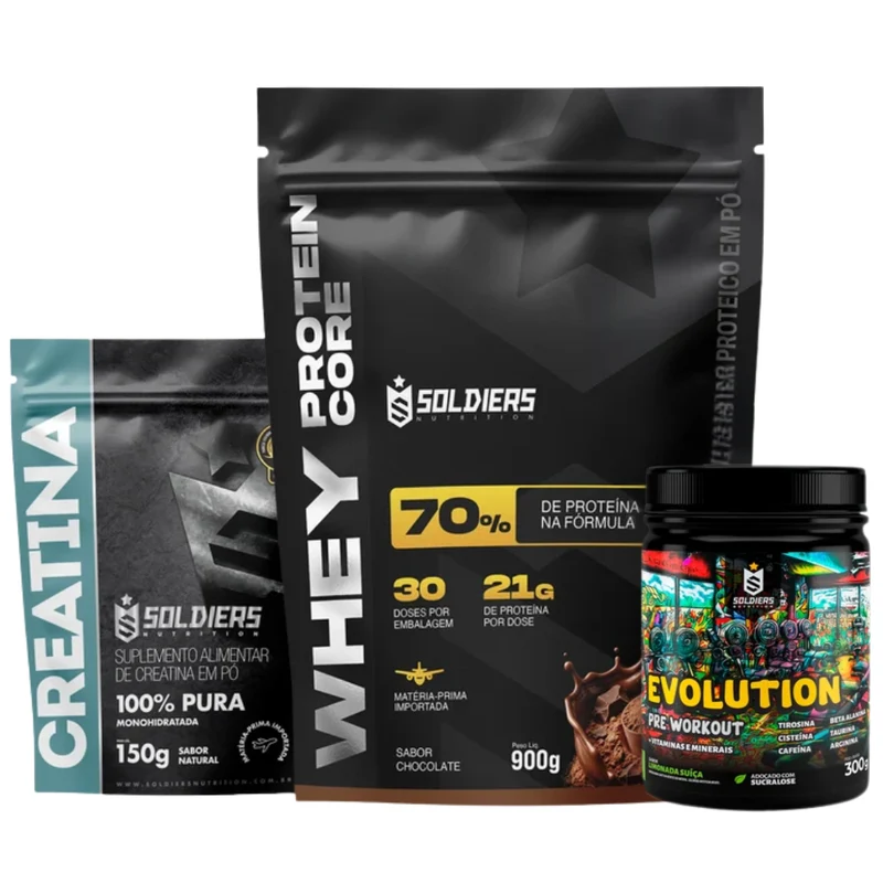 Kit Whey Core 900g Baunilha + Pré-Treino Evoluition 300g Uva Verde com Melão + Creatina 150g CHOCOLATE / Uva Verde com Melão