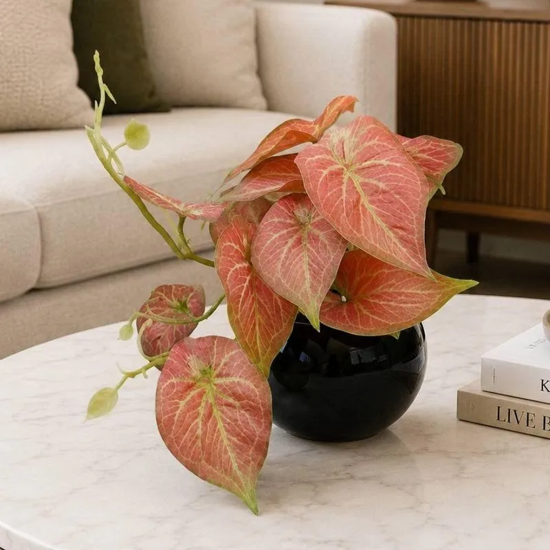 Planta Jiboia Artificial com Vaso Decorativo Vermelho Mesclado 17cm