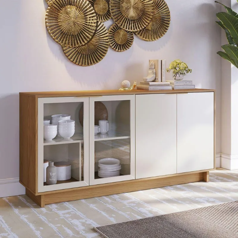 Buffet Aparador Vitória Retrô Minimalista 4 Portas MDP MDF 160CM Amadeirado Off White