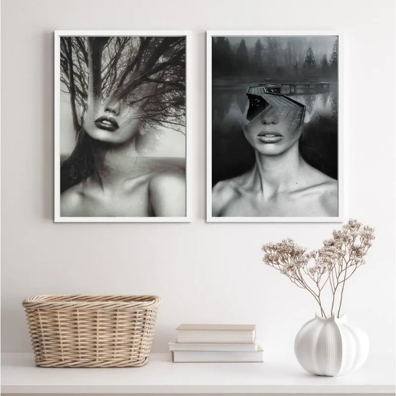 Kit 2 Quadros Abstrata Mulher Natureza 45x34cm - Vidro