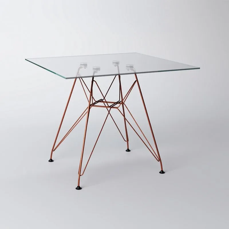Mesa Eiffel Quadrada 90cm Tampo de Vidro com Base de Ferro Cobre