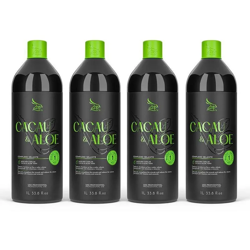 Zap Cacau &amp; Aloe Sem Pré Lavagem Combo 4 Escovas Progressivas 1 Litro - Preto