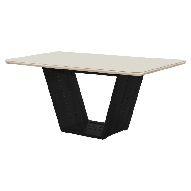 Mesa de Jantar Retangular 160x90 Mdf/vidro para 6 Lugares Pés Madeira Maciça Safira Preto/off White