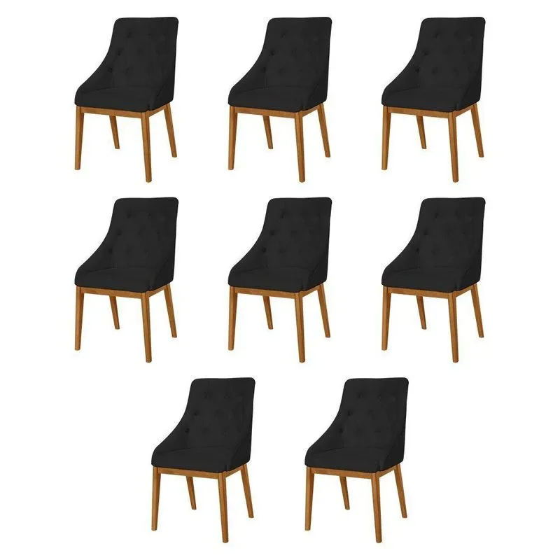 Kit 8 Cadeiras De Jantar Estofada Capitonê Veludo Preto Base Madeira Maciça Mel Preto