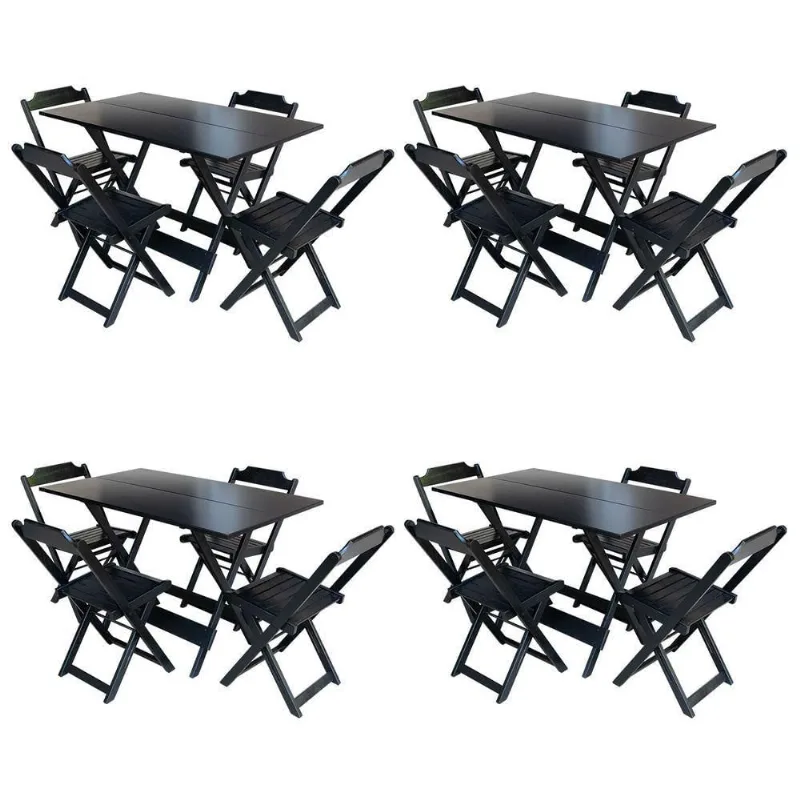Kit 4 Conjuntos De Mesa Com 4 Cadeiras De Madeira Dobravel 120X70 Preto - Preto