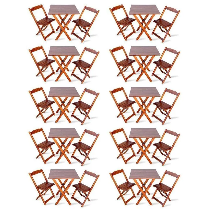 Kit De 10 Conjuntos De Mesa Dobrável 70x70 Com 2 Cadeiras Imbuia - Cor: Marrom
