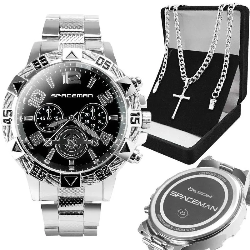 Relogio Masculino Aço Inox + Pulseira Grumet + Cordão Cruz Inoxidável Analogico Religioso Social