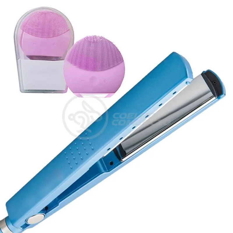 Kit 1 Prancha Nanotitanium + 1 Esponja Facial Rosa Bebê N16
