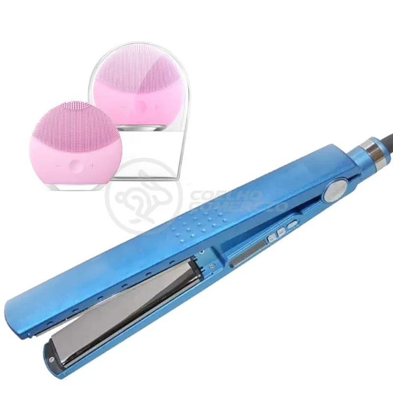 Kit 1 Prancha Nanotitanium + 1 Esponja Facial Rosa Bebê N17