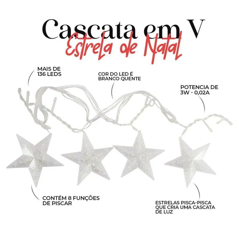 Cascata Em V Estrela Natal 3m 136 Leds 8 Funções