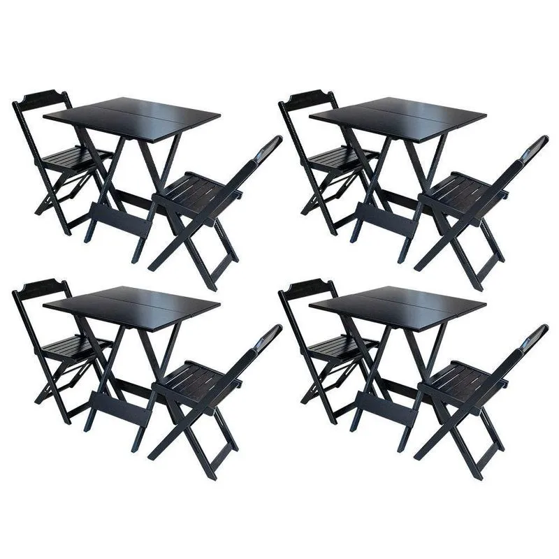 Kit 4 Conjuntos De Mesa Dobravel Com 2 Cadeiras De Madeira 70X70 - Pret - Preto
