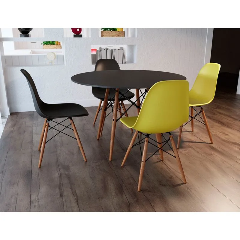 Jogo de Mesa 4 Cadeiras 2 Pretas e 2 Amarelas Eames Dkr 90 Cm Base Madeira Tampo - Preto