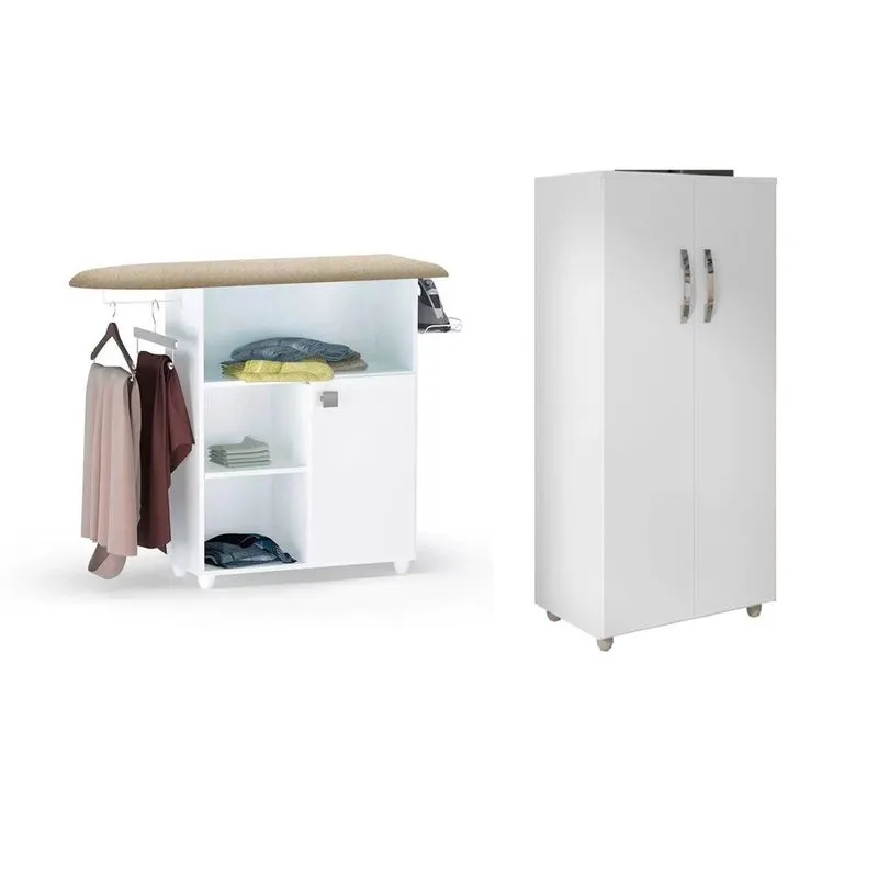 Mesa De Passar Roupas Para Lavandaria Com Armário Multiuso Branco Móveis Leartam